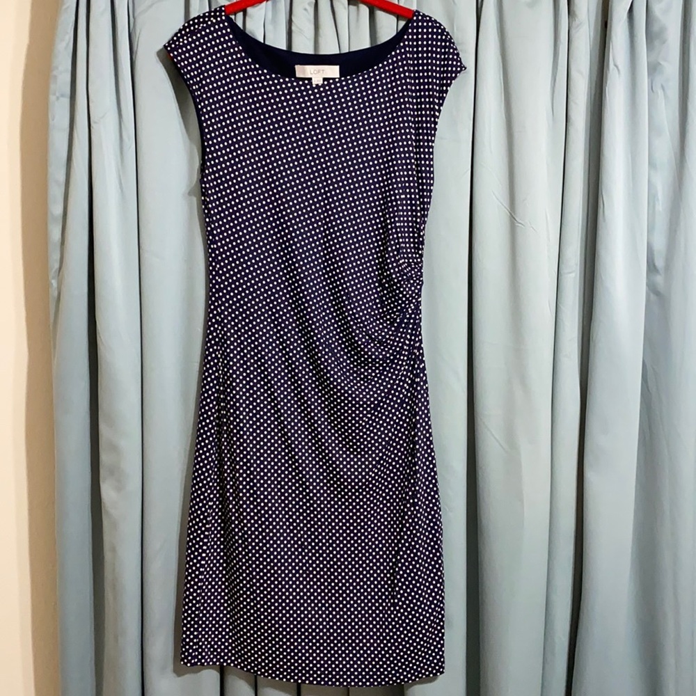 Ann Taylor Loft polka dot side-shirred dress in navy
